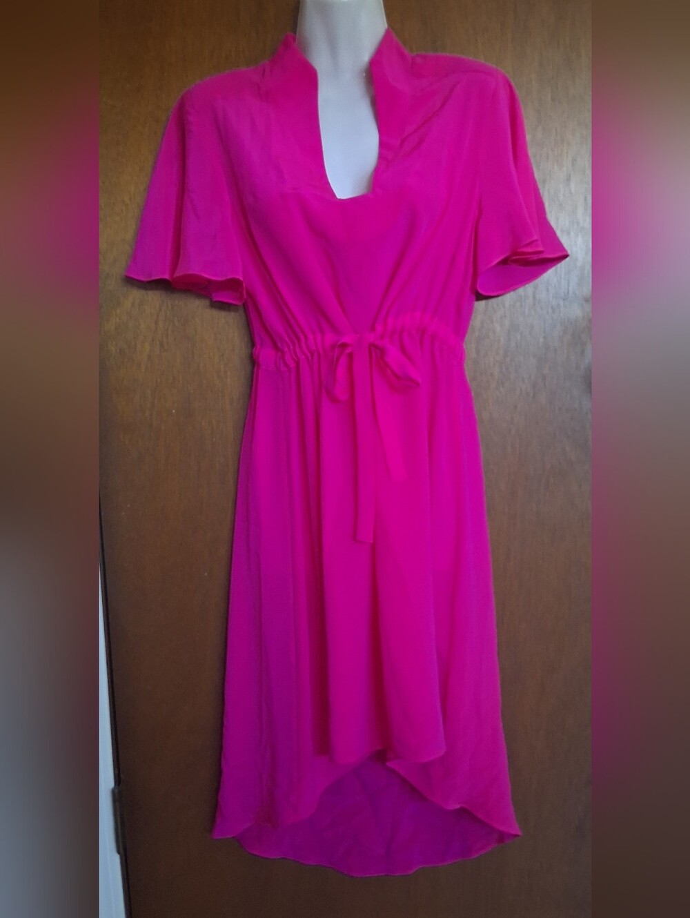 GRETCHEN JONES BRIGHT PINK FLUTTER SLEEVE TIE-WAIST DRESS